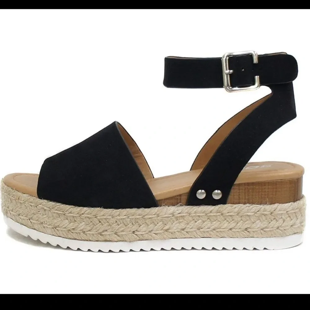 Womens Black Ankle Strap Espadrille Platform Sandals